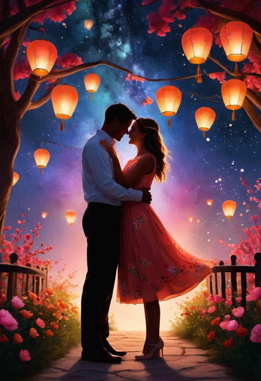 An enchanting scene capturing two silhouettes sharing a playful, intimate moment under a starry sky, surrounded by vibrant flowers and softly glowing lanterns. The atmosphere is filled with warmth and joy as hearts and playful motifs subtly dance in the background. Use soft, inviting colors to enhance the feeling of romance and adventure. painterly style. vibrant colors. whimsical elements.