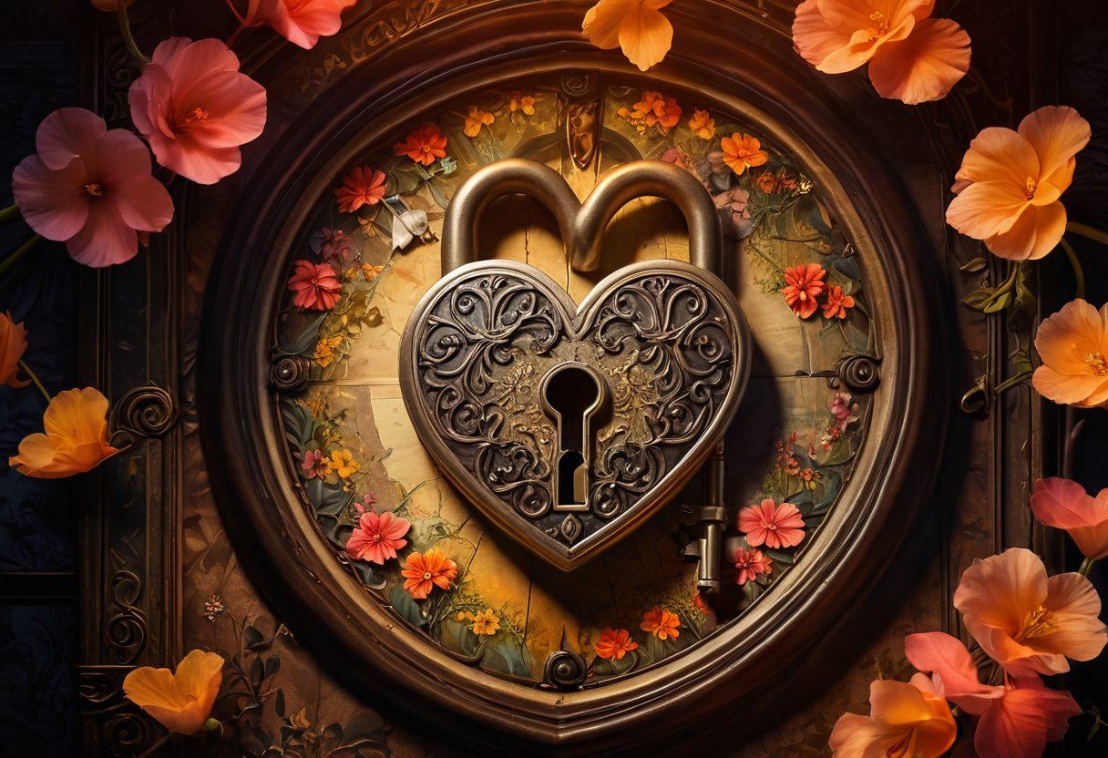 A mystical key unlocking a heart-shaped lock, surrounded by sensual silhouettes of intertwined figures in a warm, glowing ambiance. Lush floral elements weave through the scene, symbolizing connection and intimacy, with soft lighting enhancing the mood. Subtle world map markings in the background represent global exploration of pleasure. ethereal and romantic. vibrant colors. soft focus.