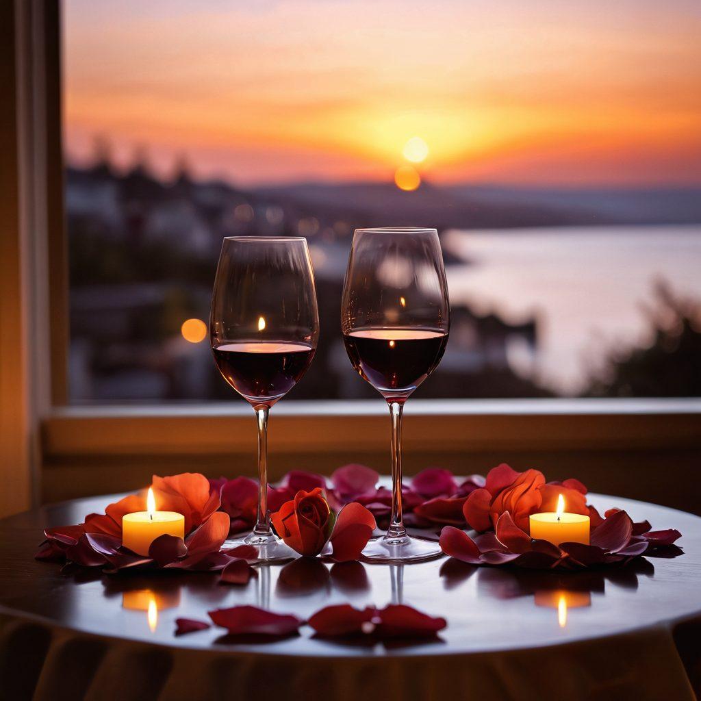 An elegantly set candlelit table for two, with soft shadows and warm glows creating an intimate atmosphere. Include subtle elements like rose petals, wine glasses, and a softly blurred background featuring an enchanting sunset. Capture the essence of romance and connection, inviting viewers to feel the mood of seduction. super-realistic. warm colors. soft focus.